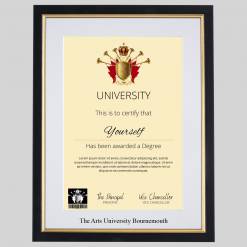 The Arts University Bournemouth A4 graduation certificate Frame in Black and Gold