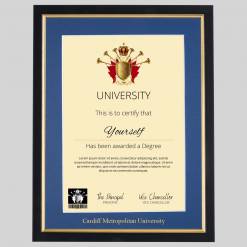 Cardiff Metropolitan University A4 graduation certificate Frame in Black and Gold