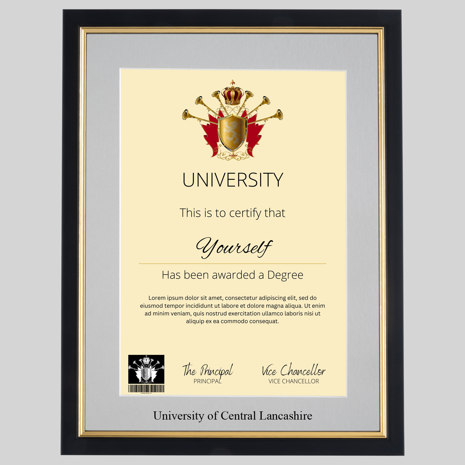 cenlanc-bg-1536x1536 University of Central Lancashire A4 graduation certificate Frame in Black and Gold