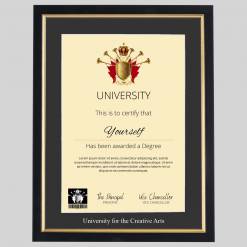 University for the Creative Arts A4 graduation certificate Frame in Black and Gold