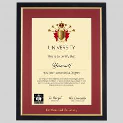 De Montford University A4 graduation certificate Frame in Black and Gold