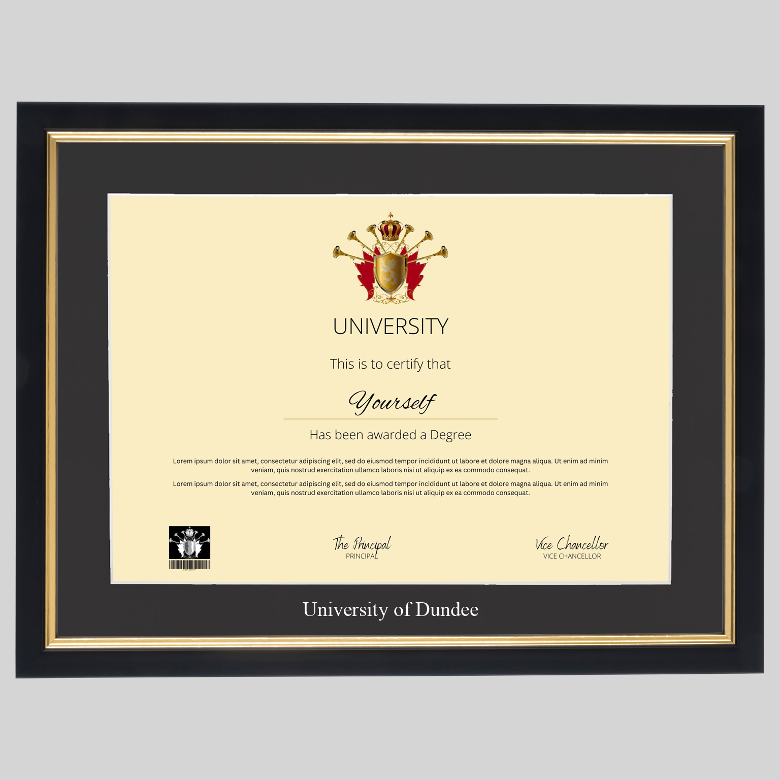 dun-bg-1536x1536 University of Dundee A4 graduation certificate Frame in Black and Gold
