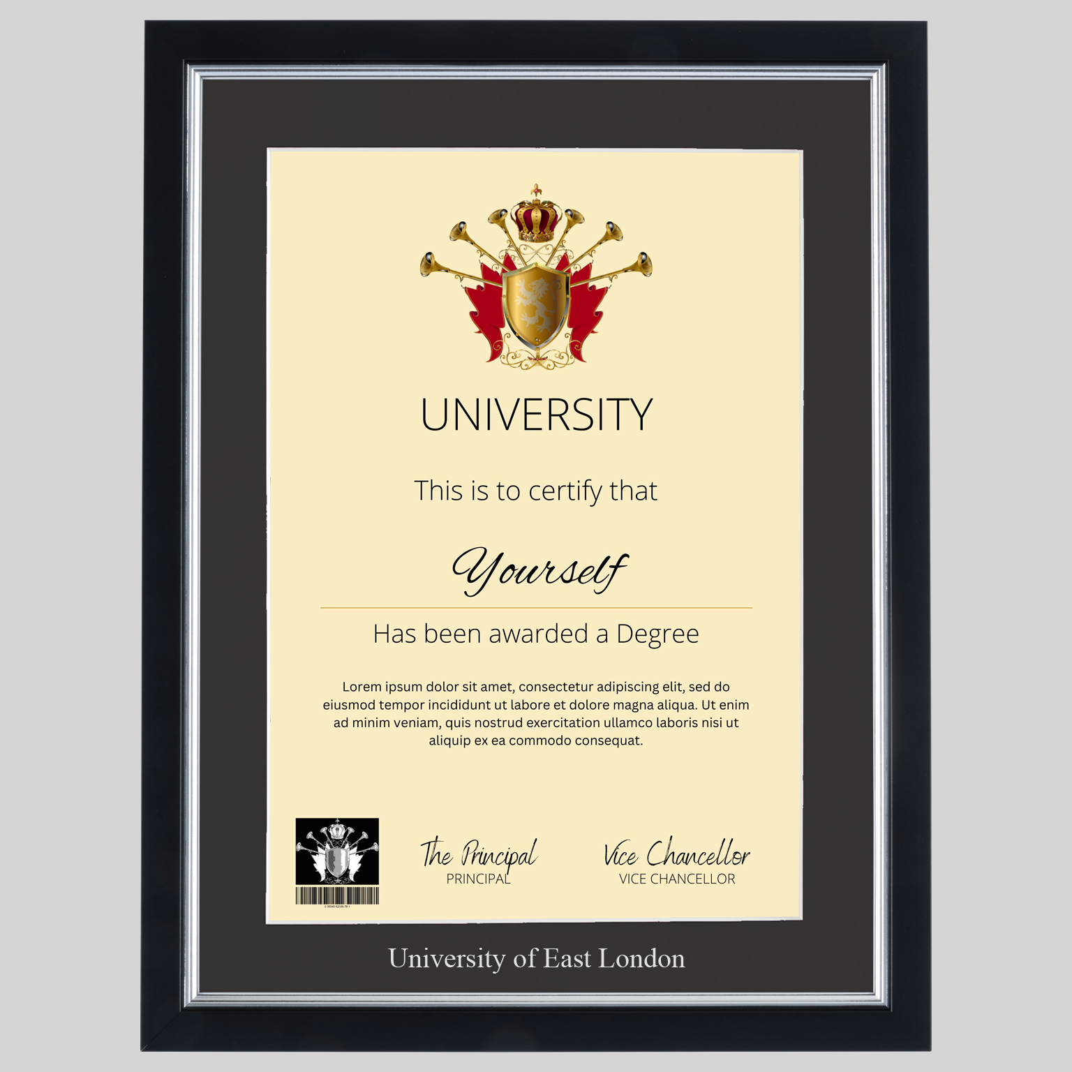University of East London A4 graduation certificate Frame in Black and Silver
