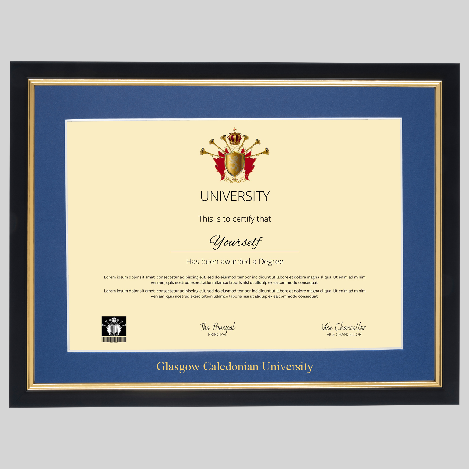 glascal-bg-1536x1536 Glasgow Caledonian University A4 graduation certificate Frame in Black and Gold