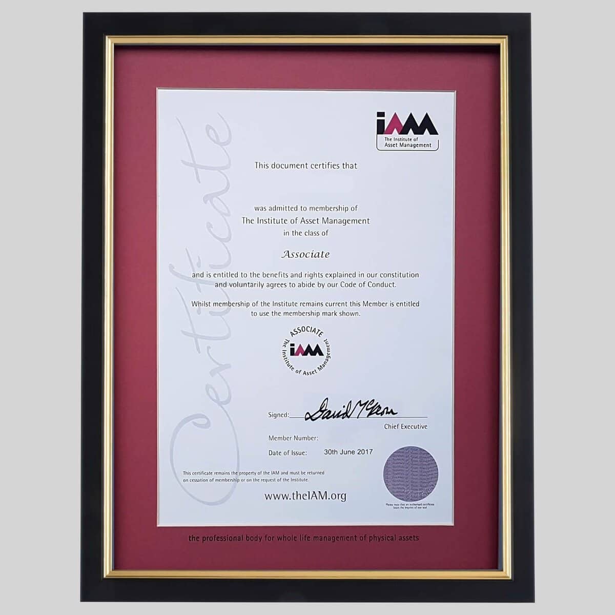 Institute of asset management certificate frame professional framing
