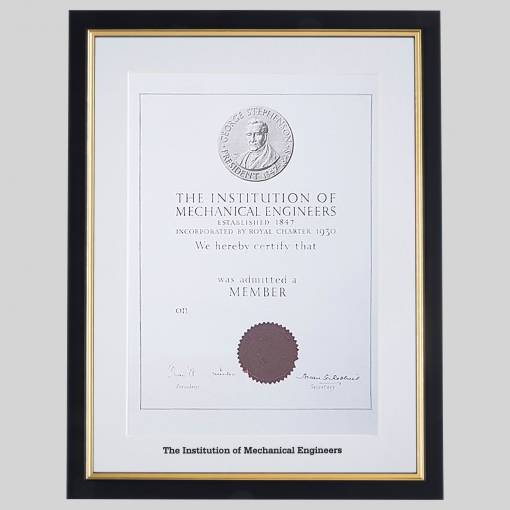 Institution of Mechanical Engineers certificate frame - Classic Black and Gold