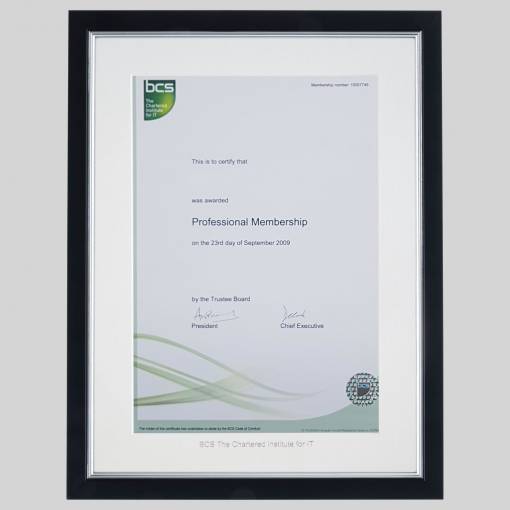 Chartered Institute for IT certificate frame - Stylish Black and Silver