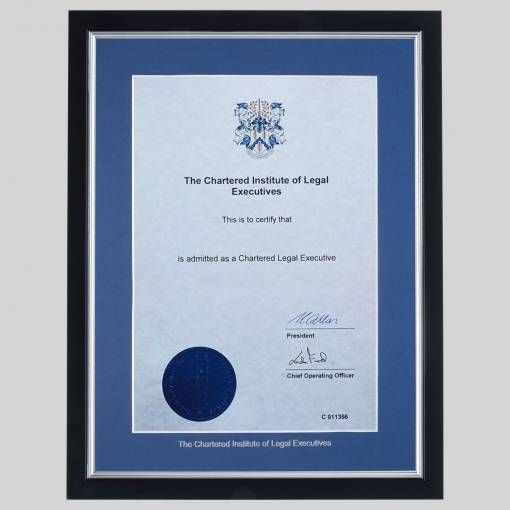 Chartered Institute of Legal Executives certificate frame - Stylish Black and Silver
