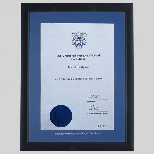 Chartered Institute of Legal Executives certificate frame - Contemporary Matt Black