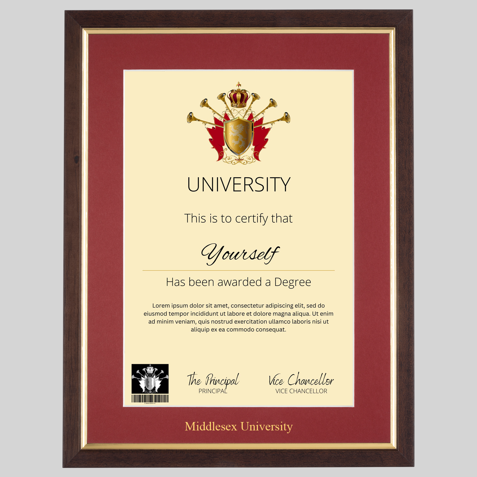 midsex-tg-1536x1536 Middlesex University A4 graduation certificate Frame in Teak and Gold