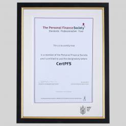 Personal Finance Society certificate frame - Classic Black and Gold