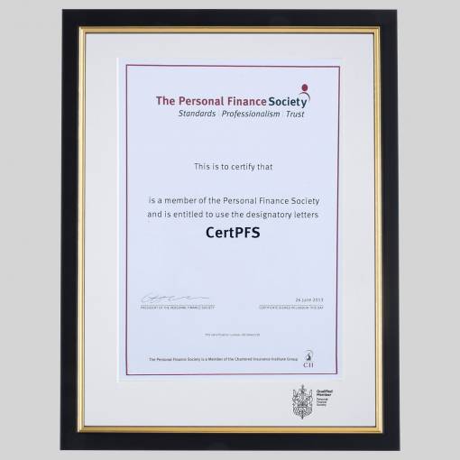 Personal Finance Society certificate frame - Classic Black and Gold