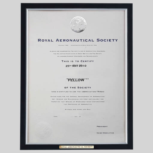 Royal Aeronautical Society - Fellow certificate frame - Stylish Black and Silver