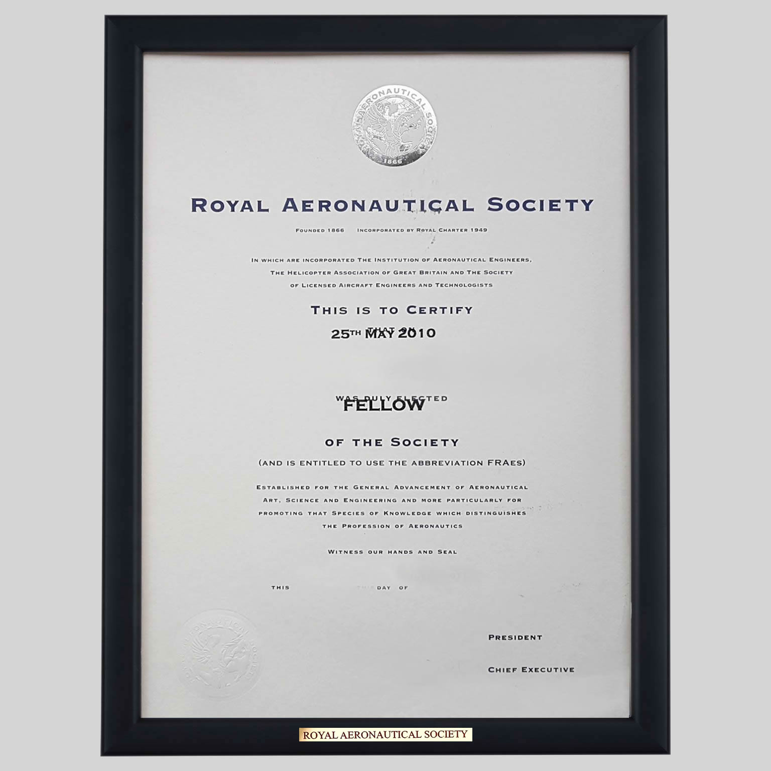 Royal Aeronautical Society - Fellow certificate frame - Contemporary
