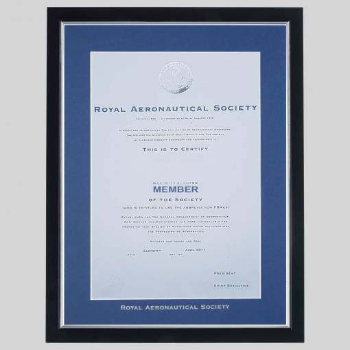Royal Aeronautical Society - Member certificate frame - Stylish Black and Silver