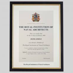 The Royal Institution of Naval Architects certificate frame - Classic Black and Gold