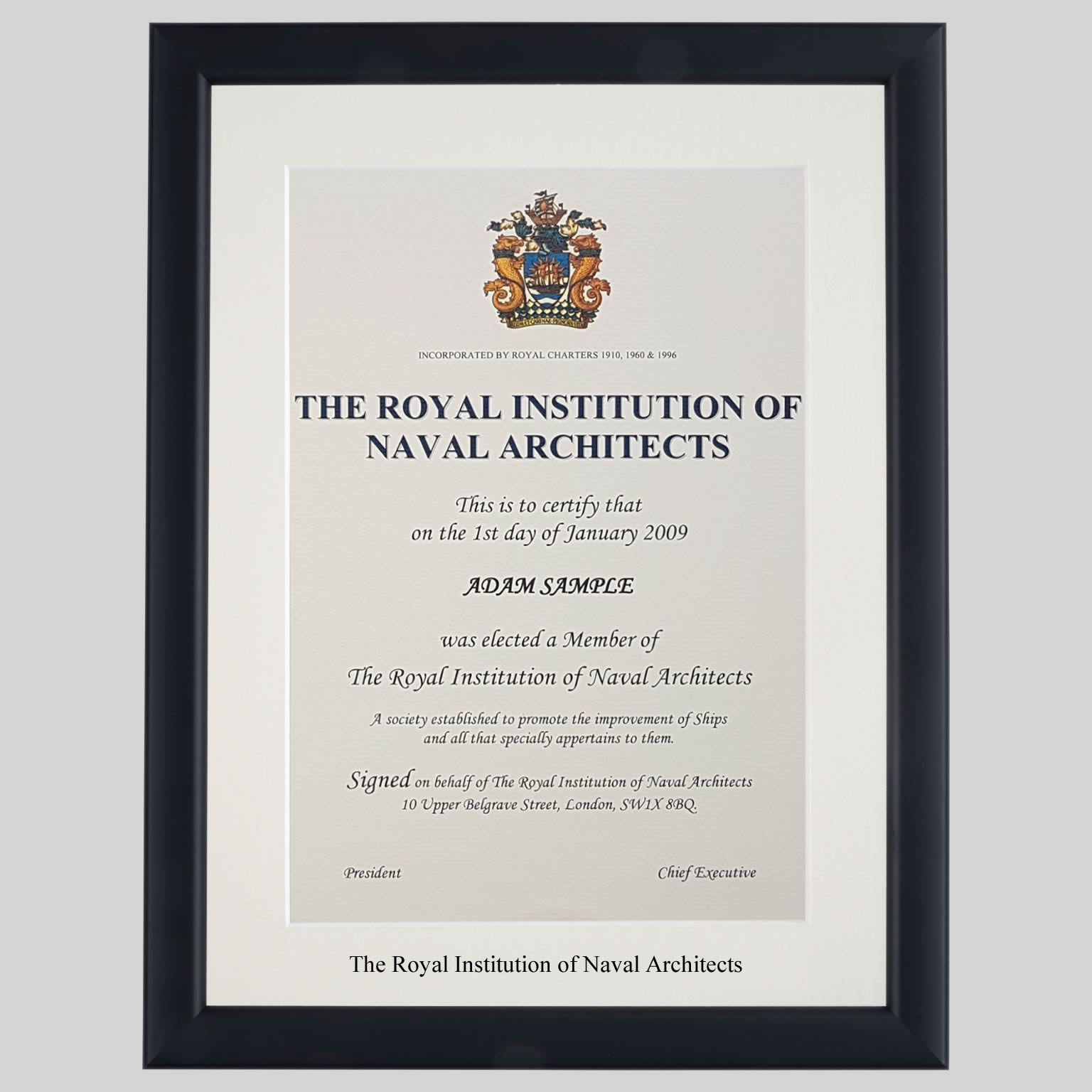 The Royal Institution of Naval Architects certificate frame - Contemporary Matt Black