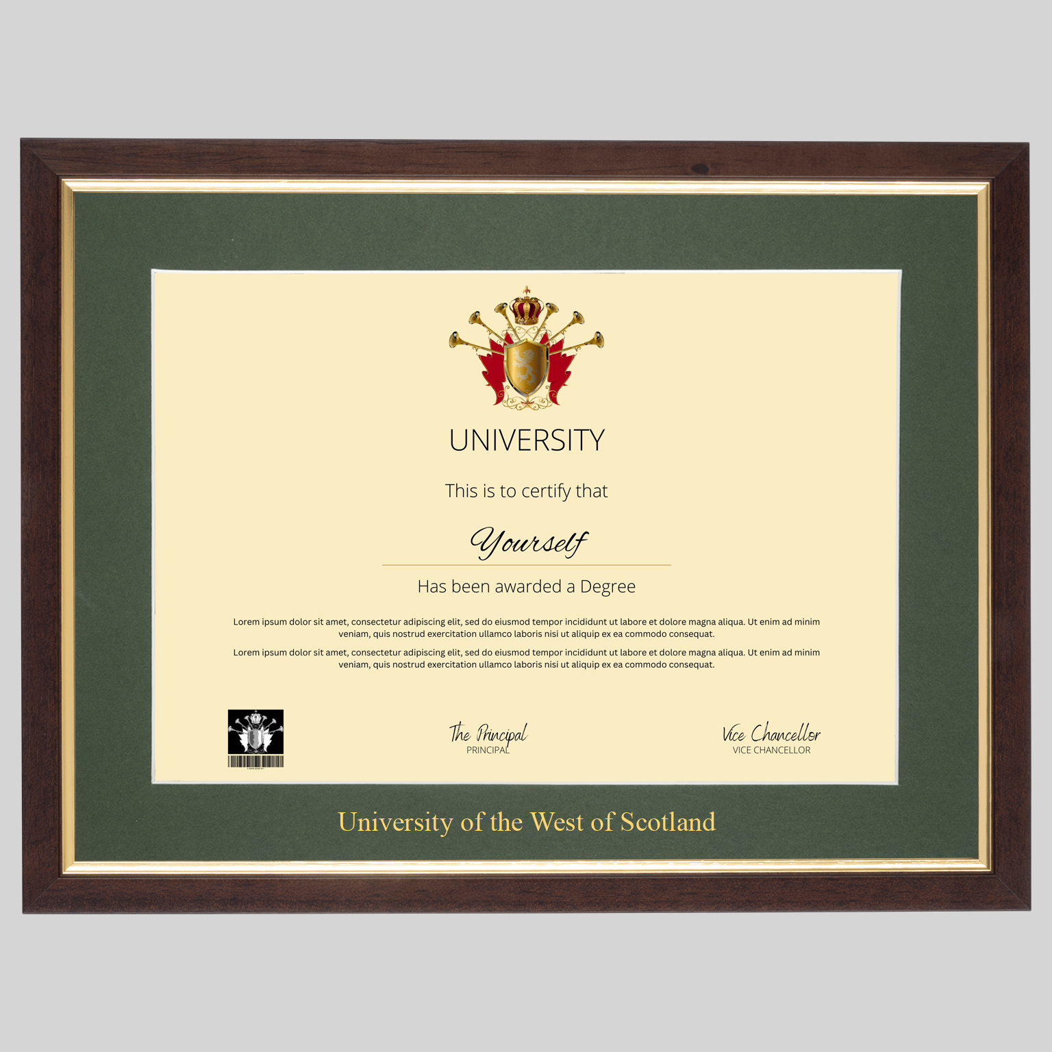 westscot-tg-1536x1536 University of the West of Scotland A4 graduation certificate Frame in Teak and Gold
