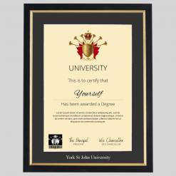 York St John University A4 graduation certificate Frame in Black and Gold