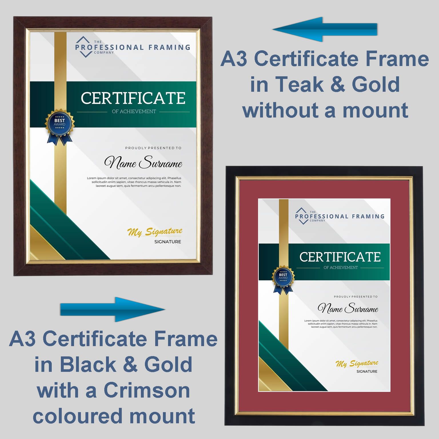 A3 certificate frames with and without mount